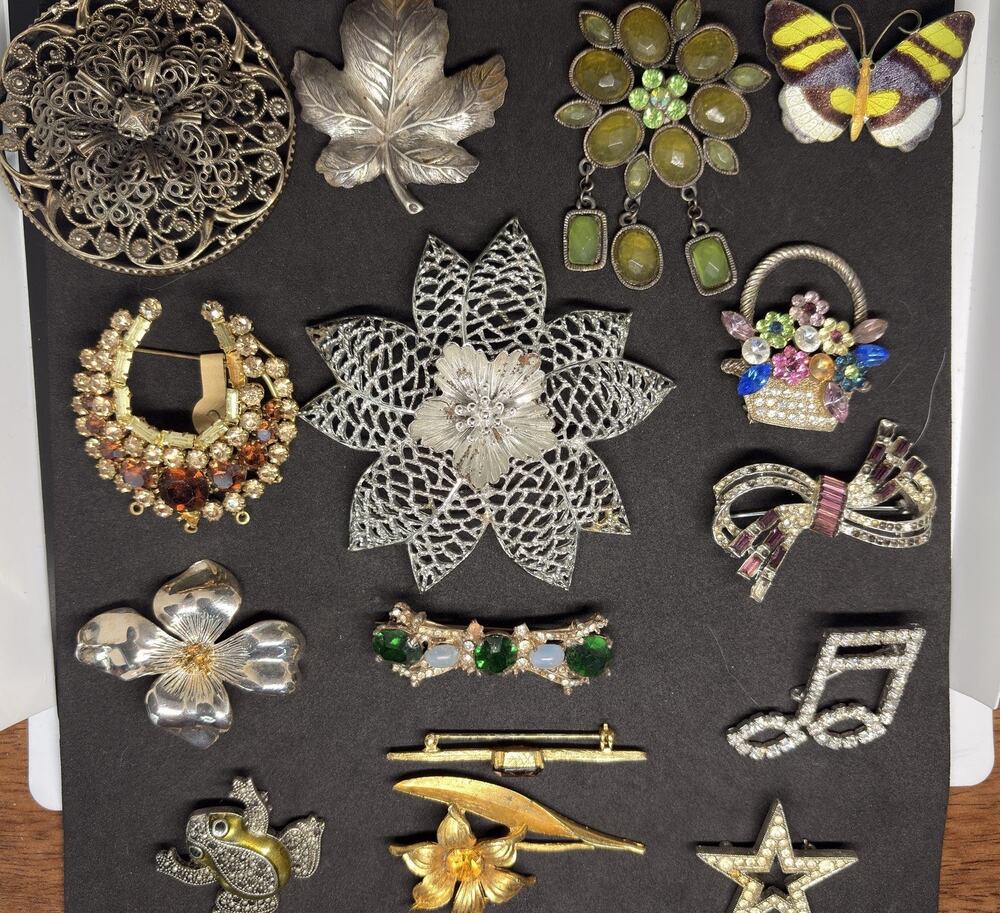 Vtg Costume Rhinestone Floral Enamel Butterfly Gold Tone Brooch Pin Jewelry Lot